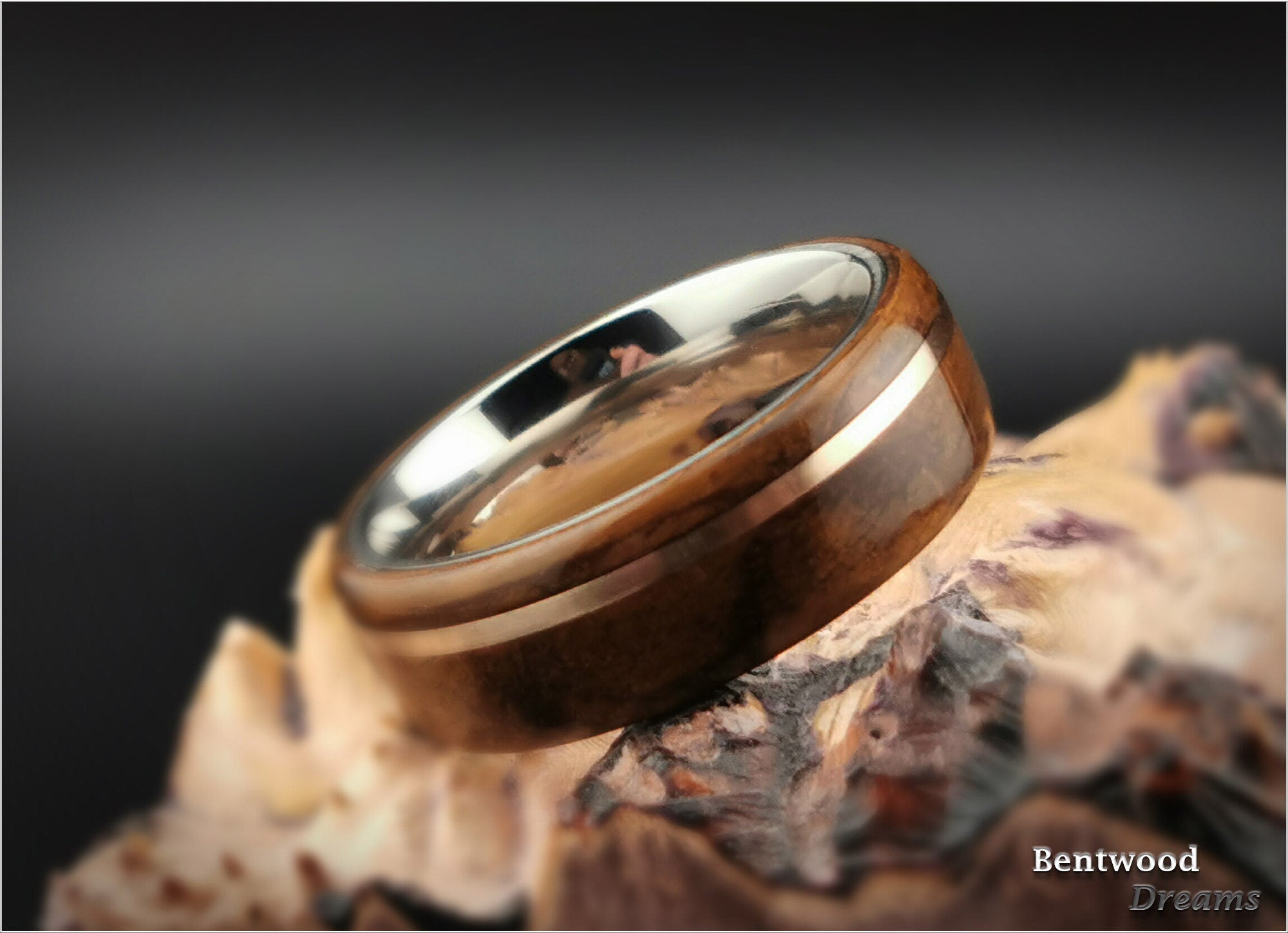 Bentwood Ring: Imbuya Pommele, offset inlaid Bronze, Tungsten Carbide core