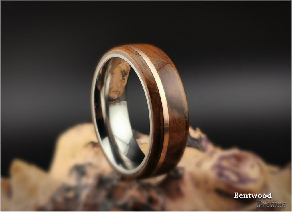 Bentwood Ring: Imbuya Pommele, offset inlaid Bronze, Tungsten Carbide core