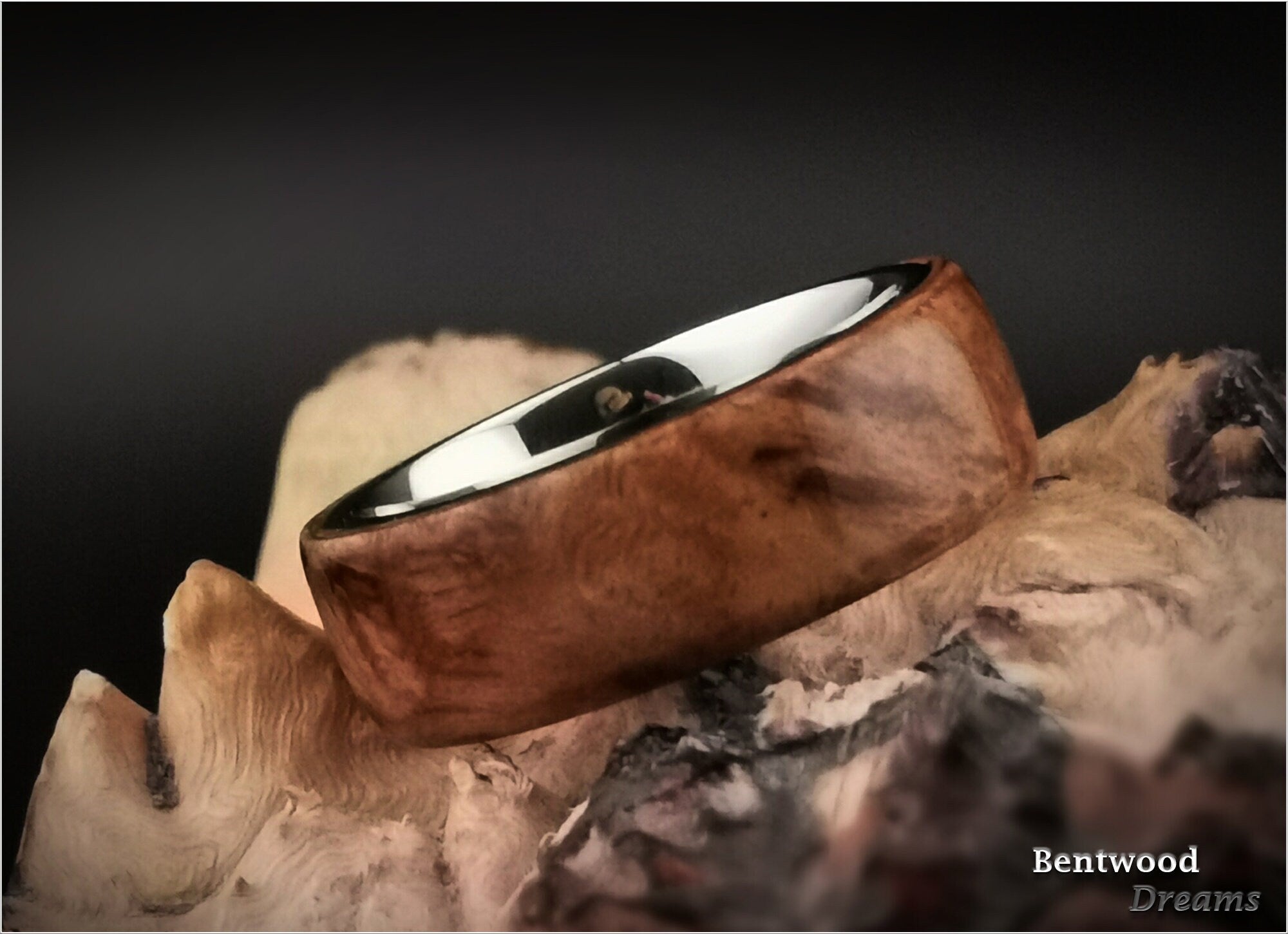 Bentwood Ring: English Chestnut Burl, Polished Tungsten Carbide core