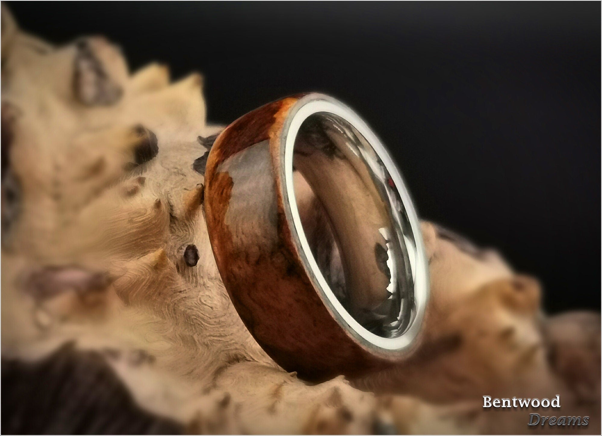 Bentwood Ring: English Chestnut Burl, Polished Tungsten Carbide core