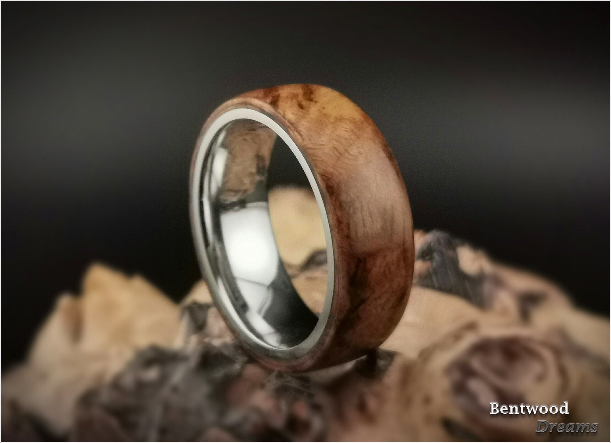 Bentwood Ring: English Chestnut Burl, Polished Tungsten Carbide core