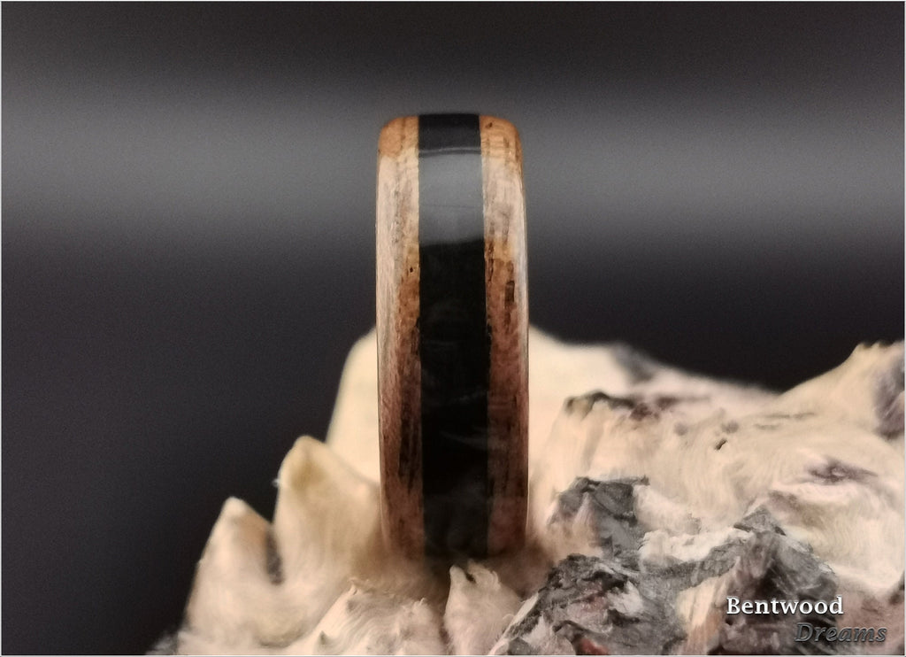 Bentwood Ring: Quartersawn Etimoe, inlaid Shungite, Rose Gold Tungsten Carbide core, wood ring