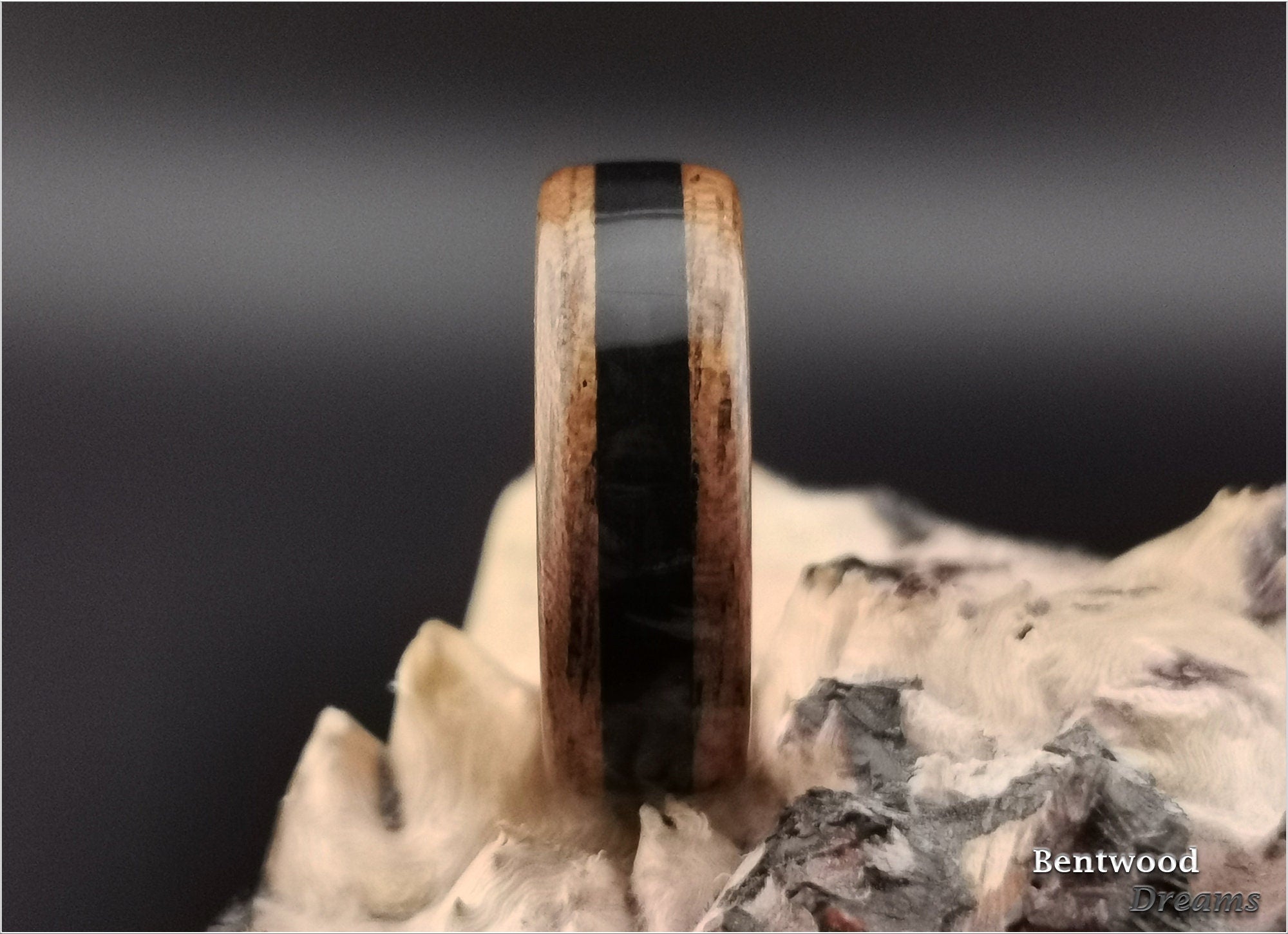 Bentwood Ring: Quartersawn Etimoe, inlaid Shungite, Rose Gold Tungsten Carbide core, wood ring