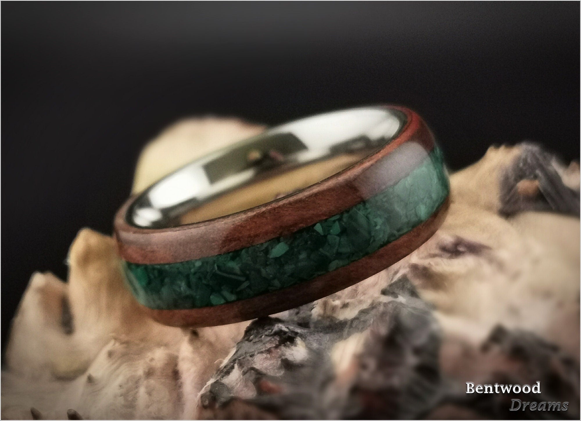 Bentwood Ring: Redwood Burl, inlaid Green Malachite, Polished Titanium core, wood ring