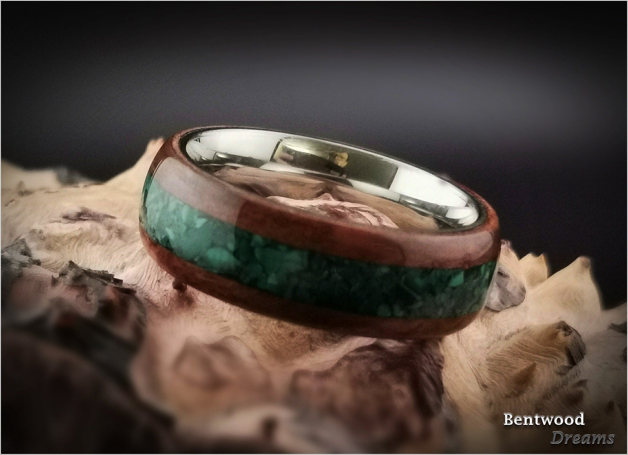 Bentwood Ring: Redwood Burl, inlaid Green Malachite, Polished Titanium core, wood ring