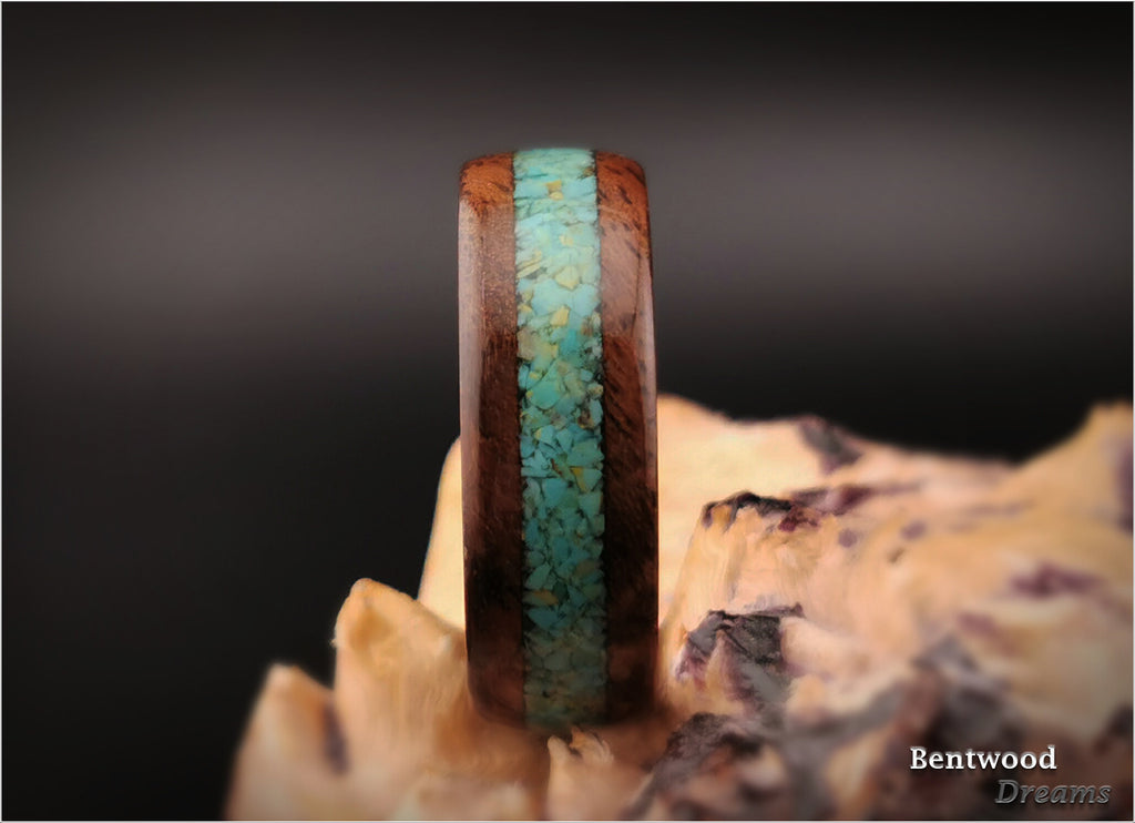 Bentwood Ring: Claro Walnut Burl, inlaid Sonoran Turquoise, Damascus Steel core, wood ring