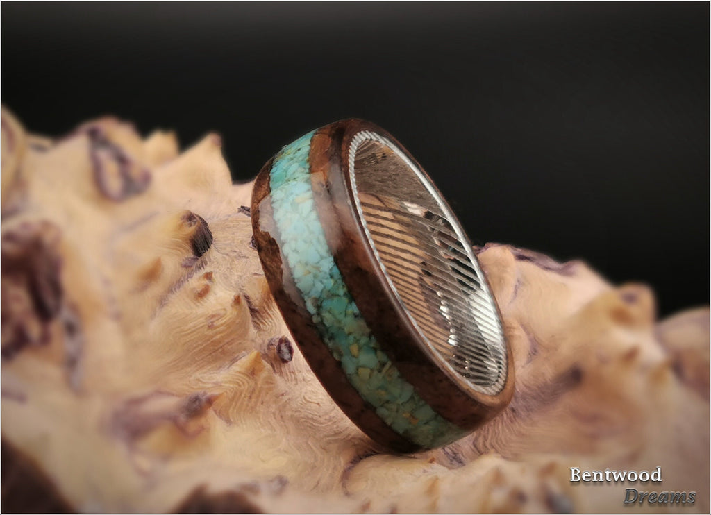 Bentwood Ring: Claro Walnut Burl, inlaid Sonoran Turquoise, Damascus Steel core, wood ring