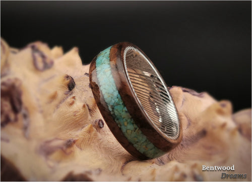 Bentwood Ring: Claro Walnut Burl, inlaid Sonoran Turquoise, Damascus Steel core, wood ring