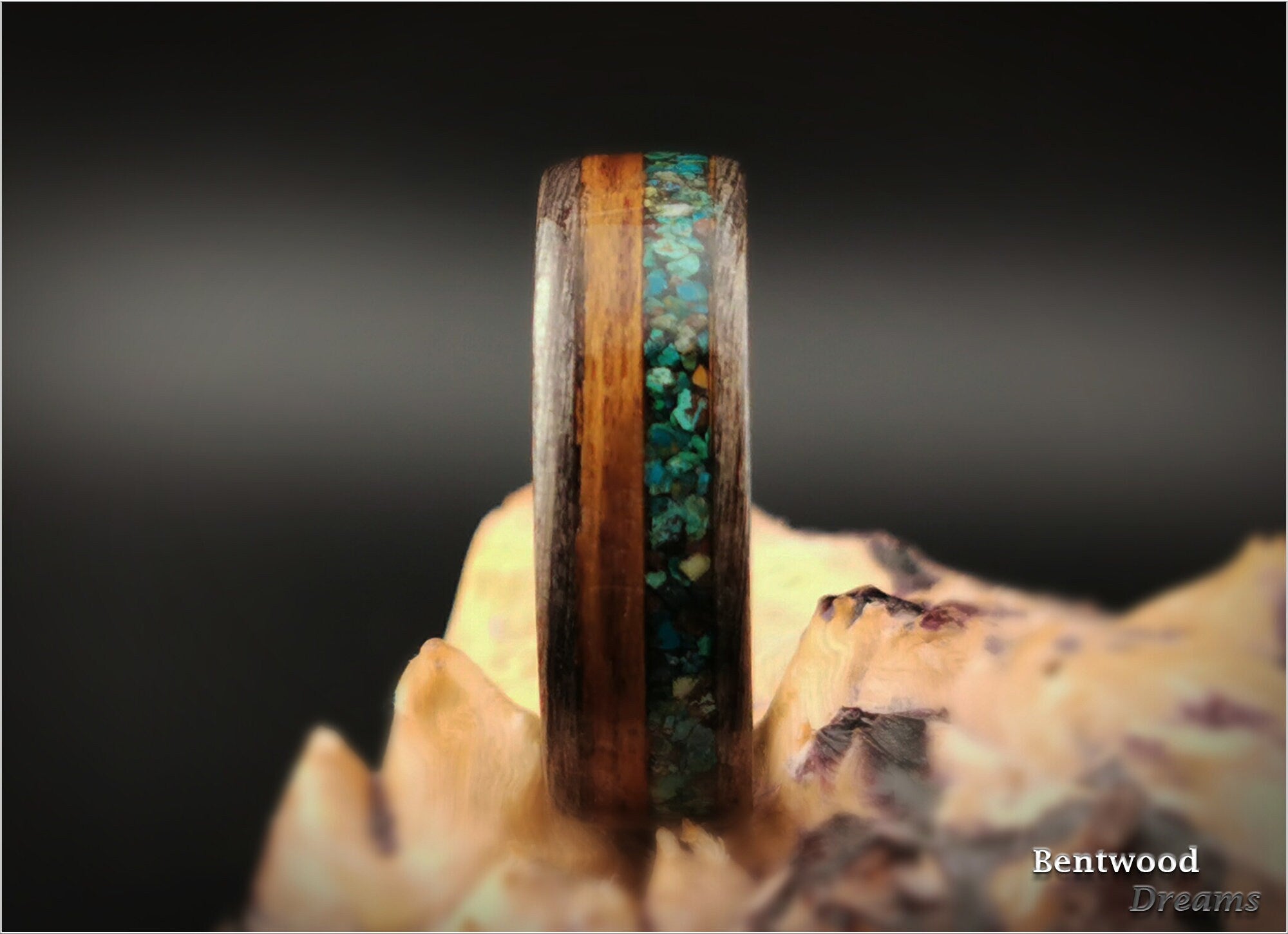 Bentwood Ring: Harborica, inlaid Teak and Dark Chrysocolla, Tungsten Carbide core