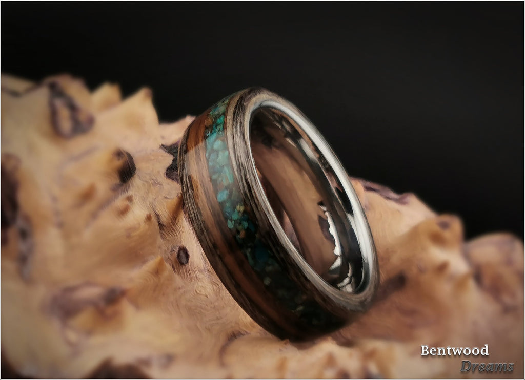 Bentwood Ring: Harborica, inlaid Teak and Dark Chrysocolla, Tungsten Carbide core
