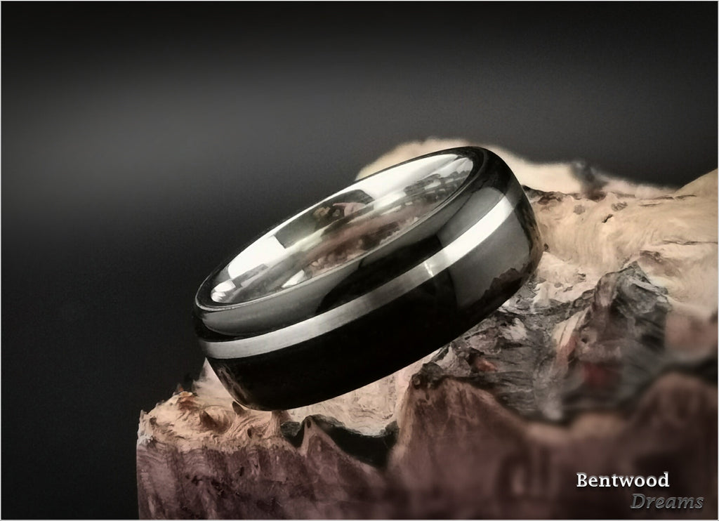 Bentwood Ring: Ebony, inlaid wide Sterling Silver, Polished Cobalt Chrome core