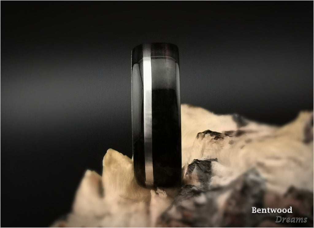 Bentwood Ring: Ebony, inlaid wide Sterling Silver, Polished Cobalt Chrome core