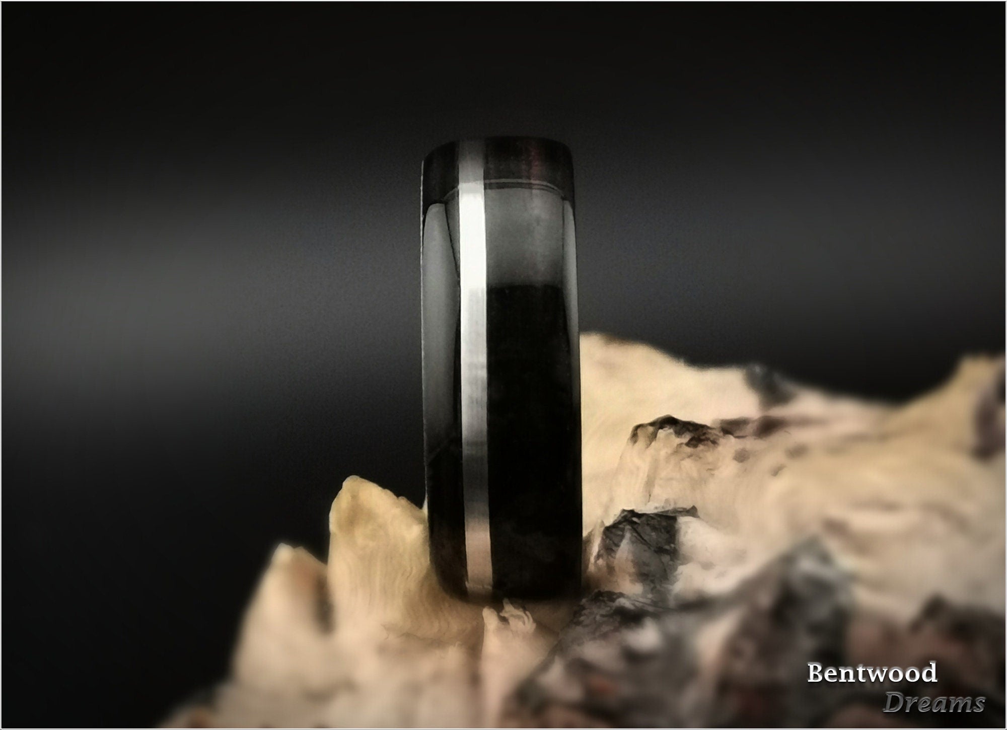Bentwood Ring: Ebony, inlaid wide Sterling Silver, Polished Cobalt Chrome core