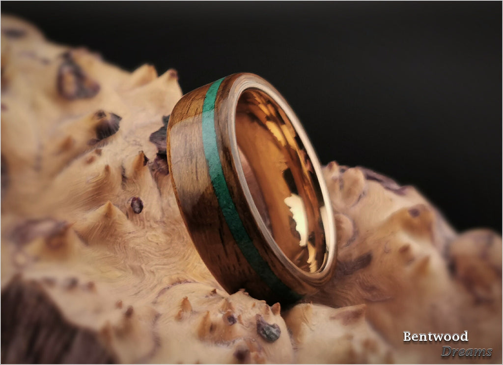 Bentwood Ring: Mozambique, inlaid offset Green Malachite, Rose Gold Tungsten Carbide core, wood ring