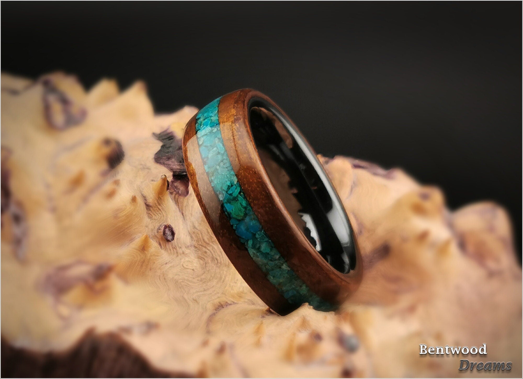 Bentwood Ring: Fumed Aspen, inlaid Dark Chrysocolla, Polished Black Ceramic core