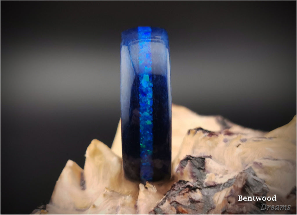 Opal Inlaid Bentwood Ring: Midnight Blue Tulipwood, Ceramic Core