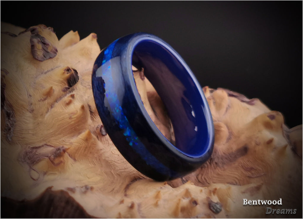Opal Inlaid Bentwood Ring: Midnight Blue Tulipwood, Ceramic Core