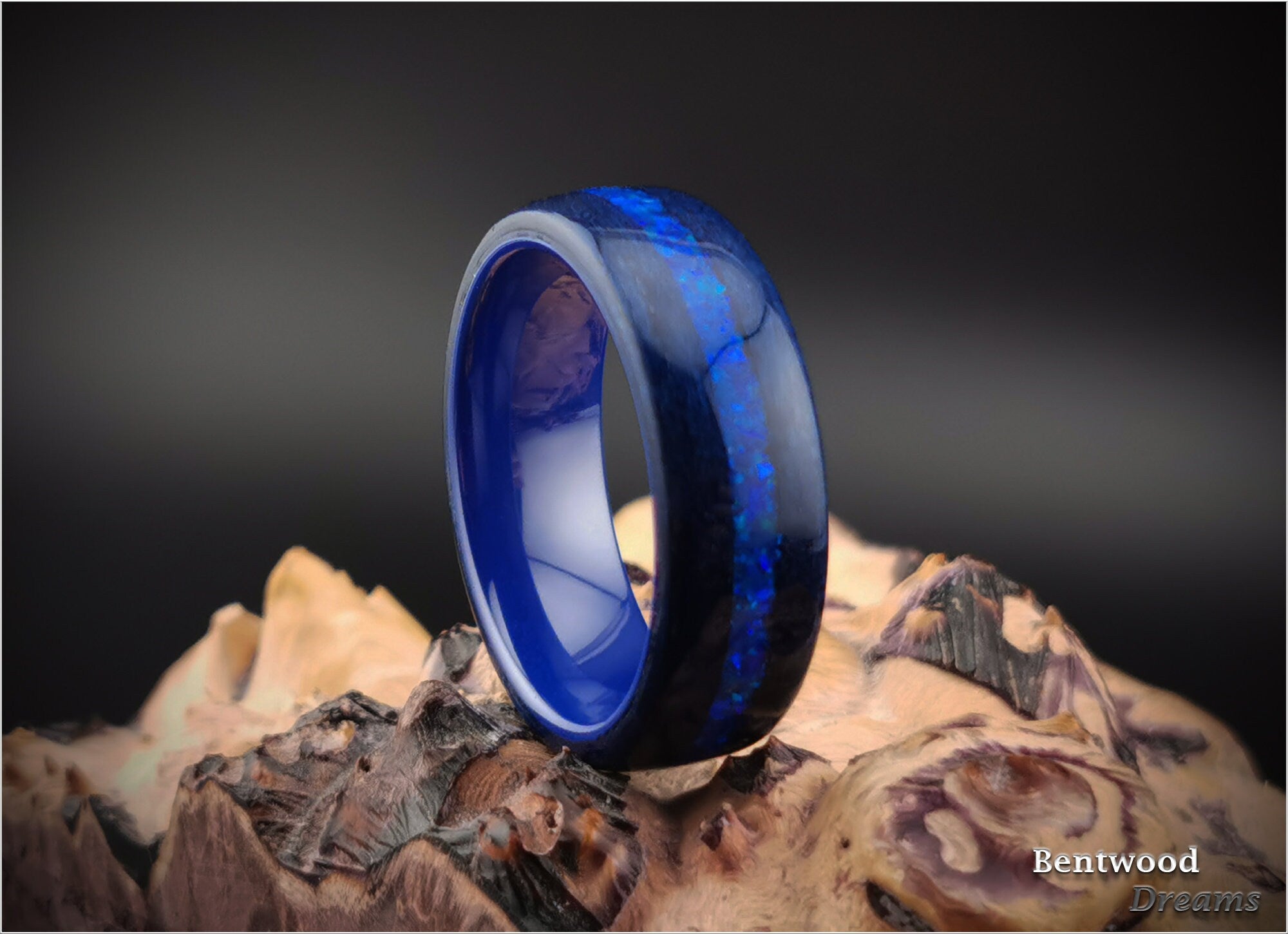 Opal Inlaid Bentwood Ring: Midnight Blue Tulipwood, Ceramic Core