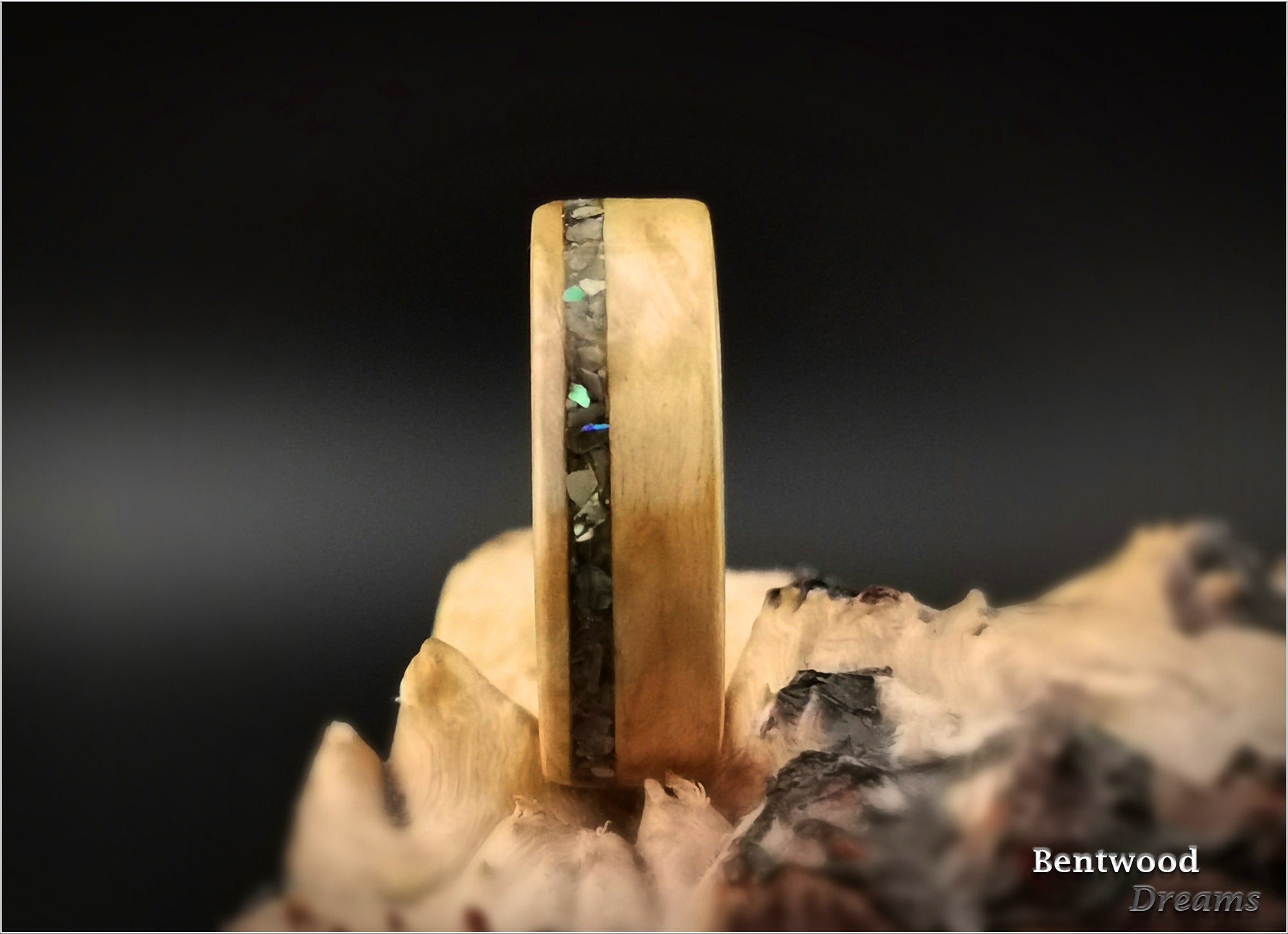 Bentwood Ring: Karelian Birch, inlaid Abalone Shell, Polished Titanium core, wood ring