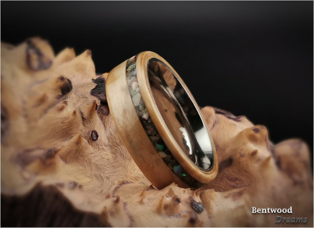 Bentwood Ring: Karelian Birch, inlaid Abalone Shell, Polished Titanium core, wood ring