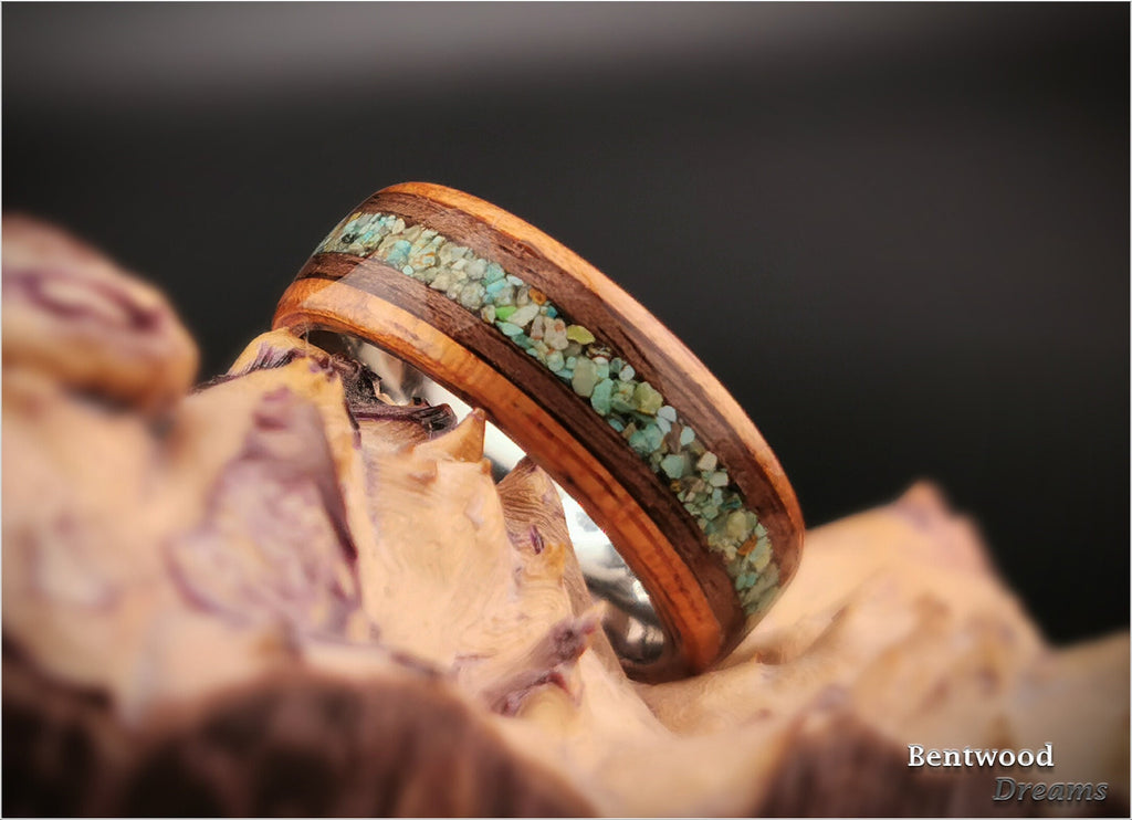 Bentwood Ring: Spanish Cedar, inlaid Curly Walnut and Green Turquoise, Titanium core