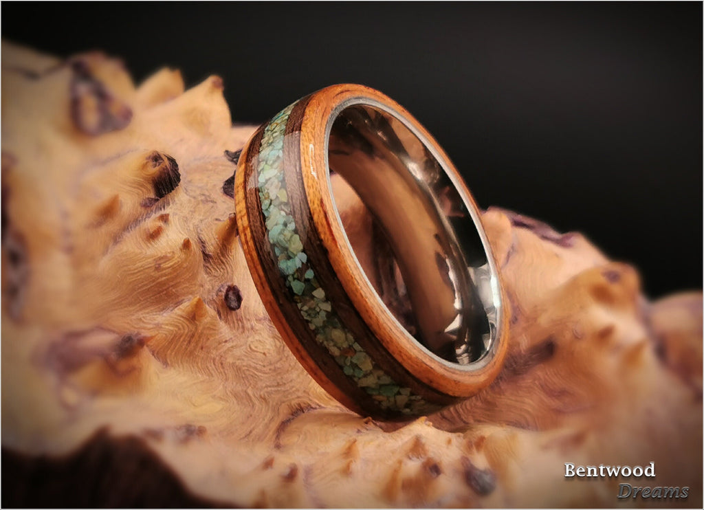 Bentwood Ring: Spanish Cedar, inlaid Curly Walnut and Green Turquoise, Titanium core