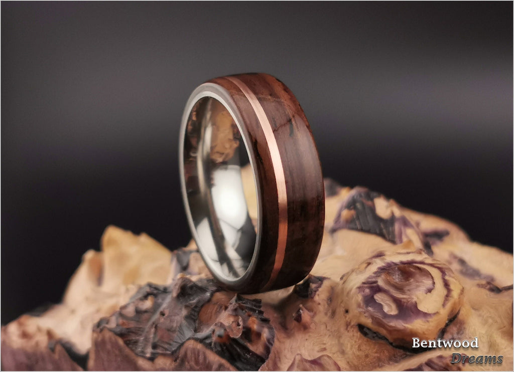 Bentwood Ring: East Indian Rosewood, offset inlaid Copper, Polished Titanium core