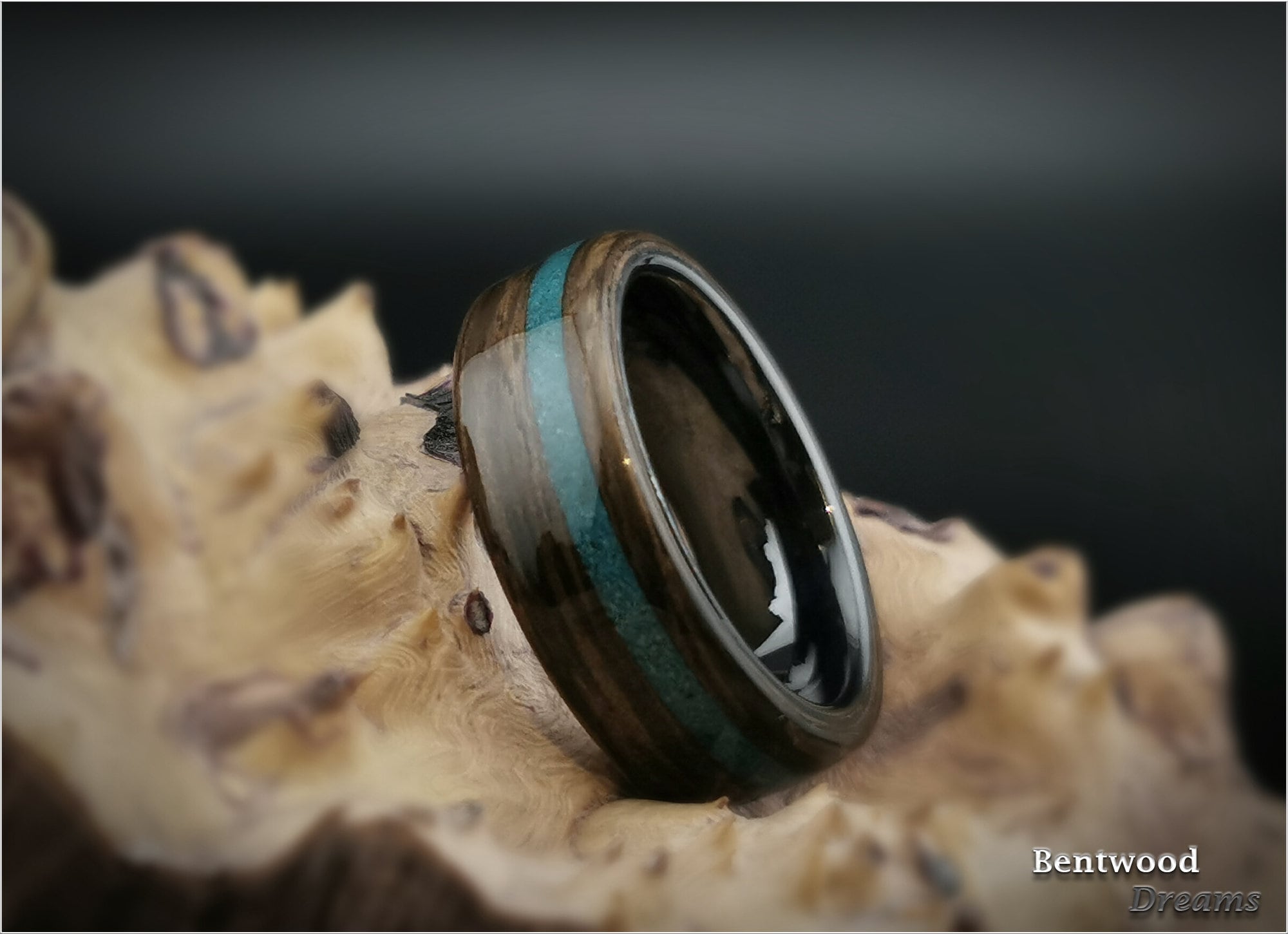 Bentwood Ring: Ancient Bog Oak, offset inlaid Dark Chrysocolla, Polished Black Ceramic core