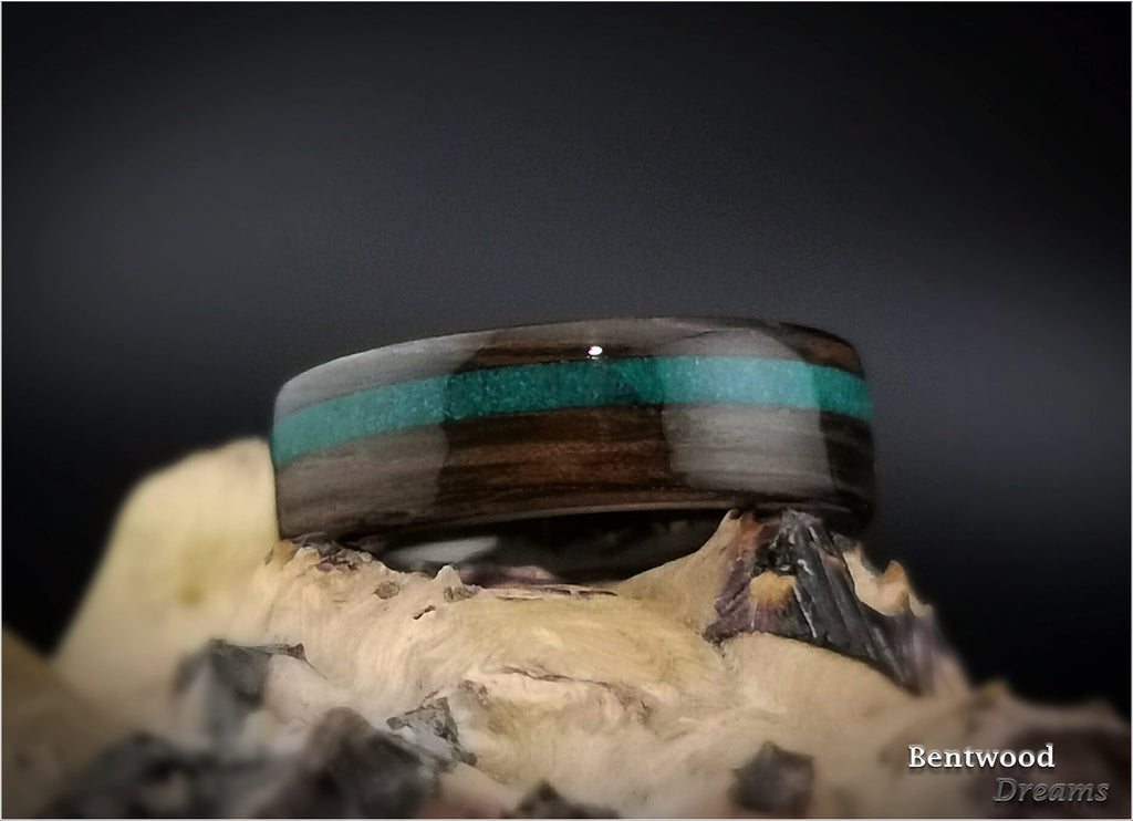 Bentwood Ring: Ancient Bog Oak, offset inlaid Dark Chrysocolla, Polished Black Ceramic core