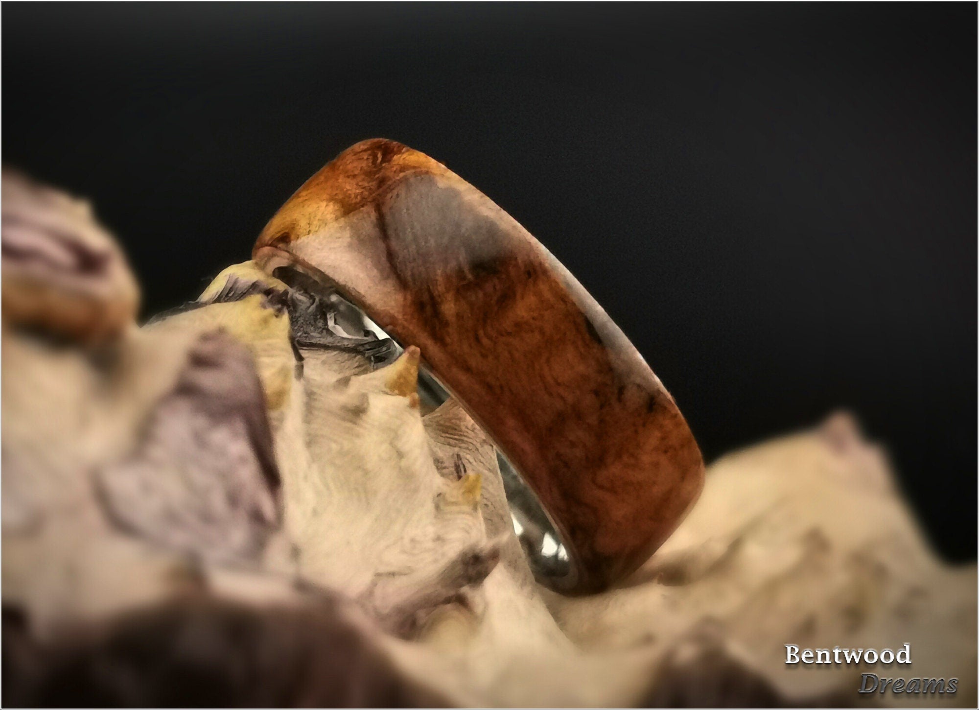 Bentwood Ring: English Chestnut Burl, Polished Tungsten Carbide core
