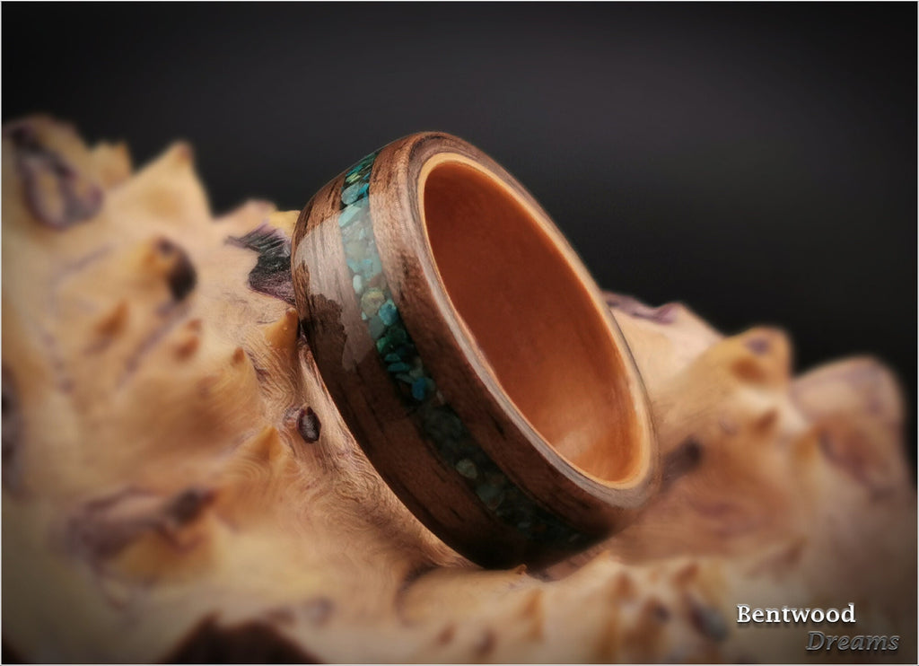 Bentwood Ring: Curly Walnut, offset inlaid Chrysocolla, Pearwood core, wood ring
