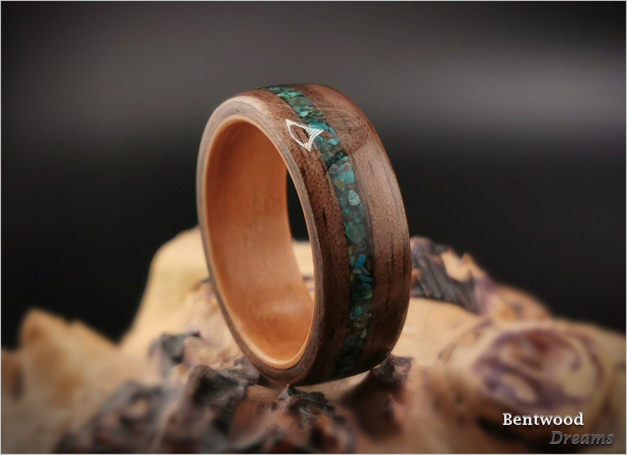 Bentwood Ring: Curly Walnut, offset inlaid Chrysocolla, Pearwood core, wood ring