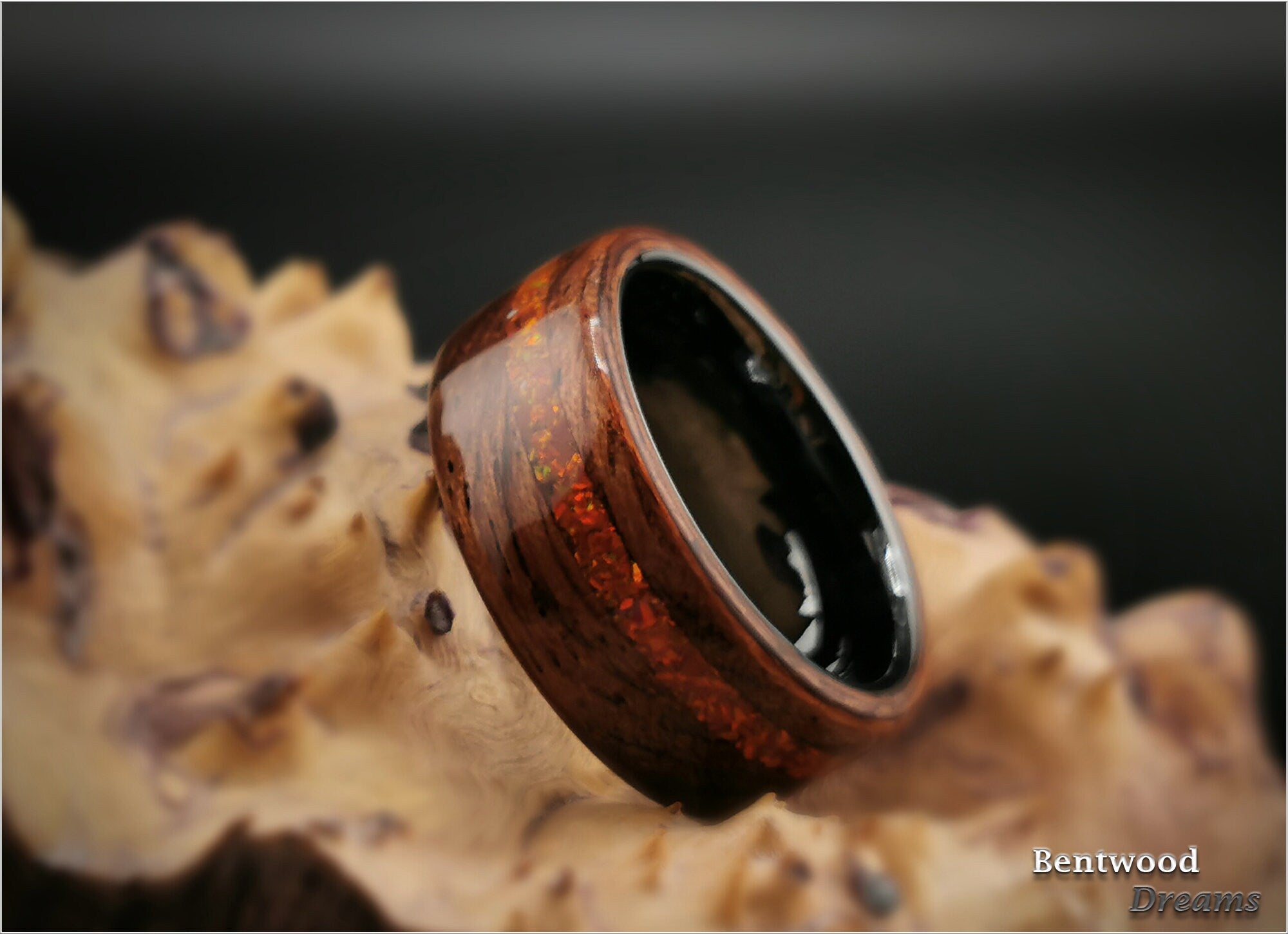Bubinga Bentwood Ring: Lab Opal Inlay, Black Ceramic Core