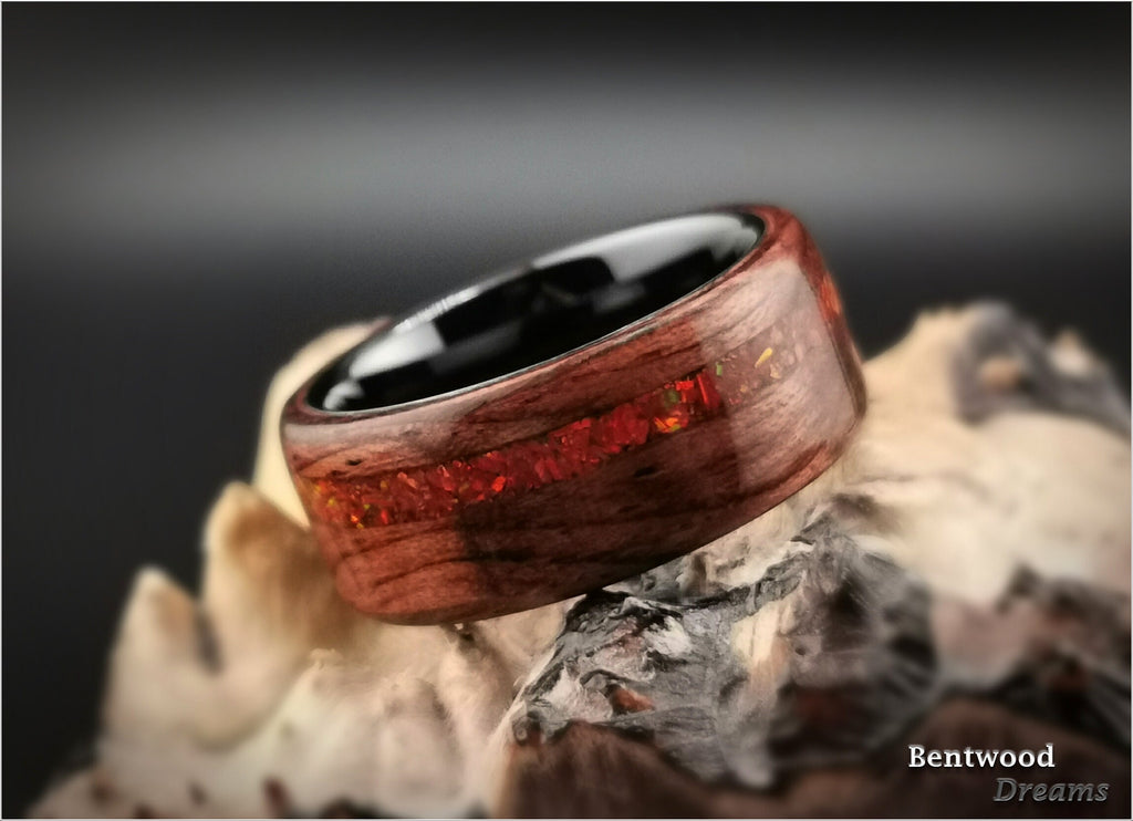 Bubinga Bentwood Ring: Lab Opal Inlay, Black Ceramic Core