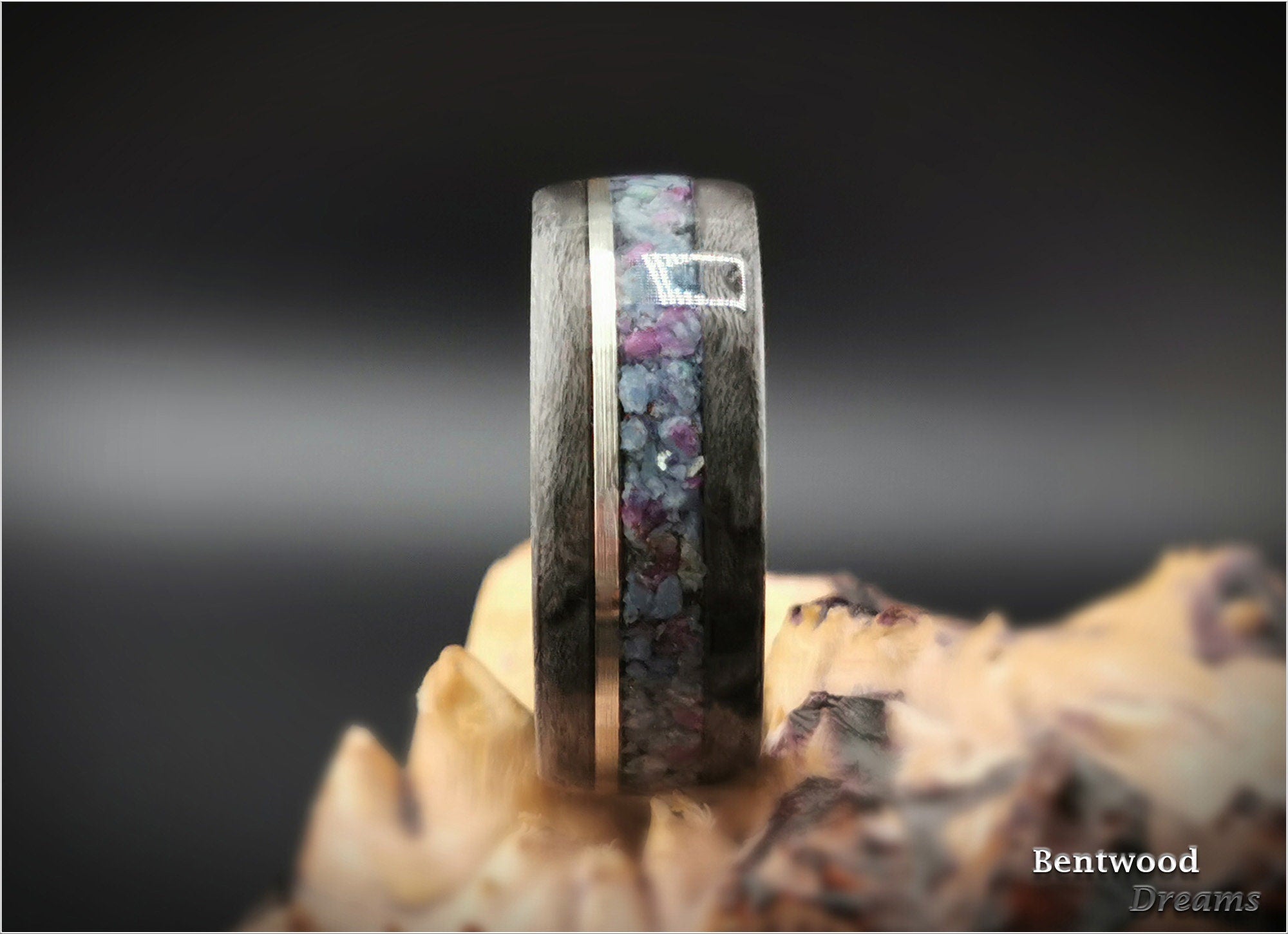 Bentwood Ring: Grey Birdseye Maple, inlaid Sterling Silver Wire and Kyanite-Ruby Matrix, Titanium core