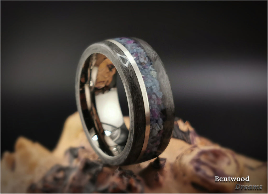 Bentwood Ring: Grey Birdseye Maple, inlaid Sterling Silver Wire and Kyanite-Ruby Matrix, Titanium core