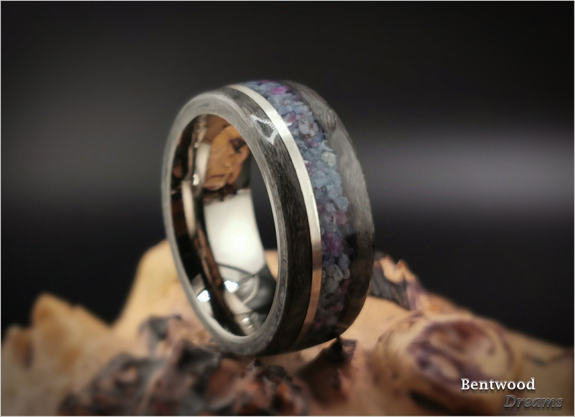 Bentwood Ring: Grey Birdseye Maple, inlaid Sterling Silver Wire and Kyanite-Ruby Matrix, Titanium core