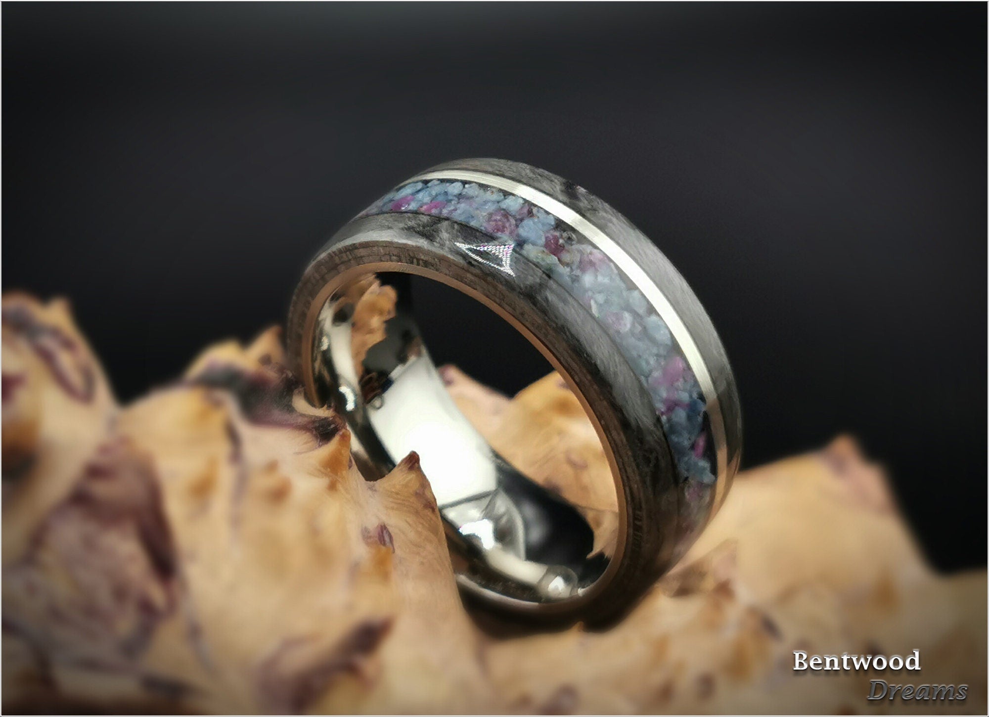 Bentwood Ring: Grey Birdseye Maple, inlaid Sterling Silver Wire and Kyanite-Ruby Matrix, Titanium core
