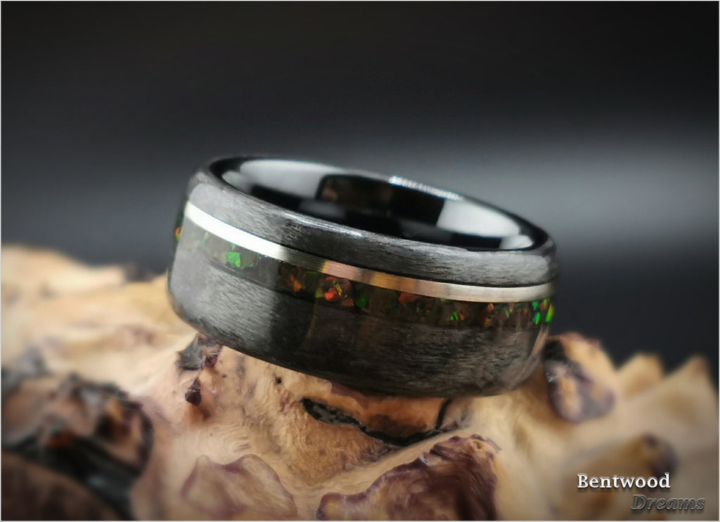 Birdseye Maple Bentwood Ring: Sterling Silver, Lab Opal Inlay, Ceramic Core