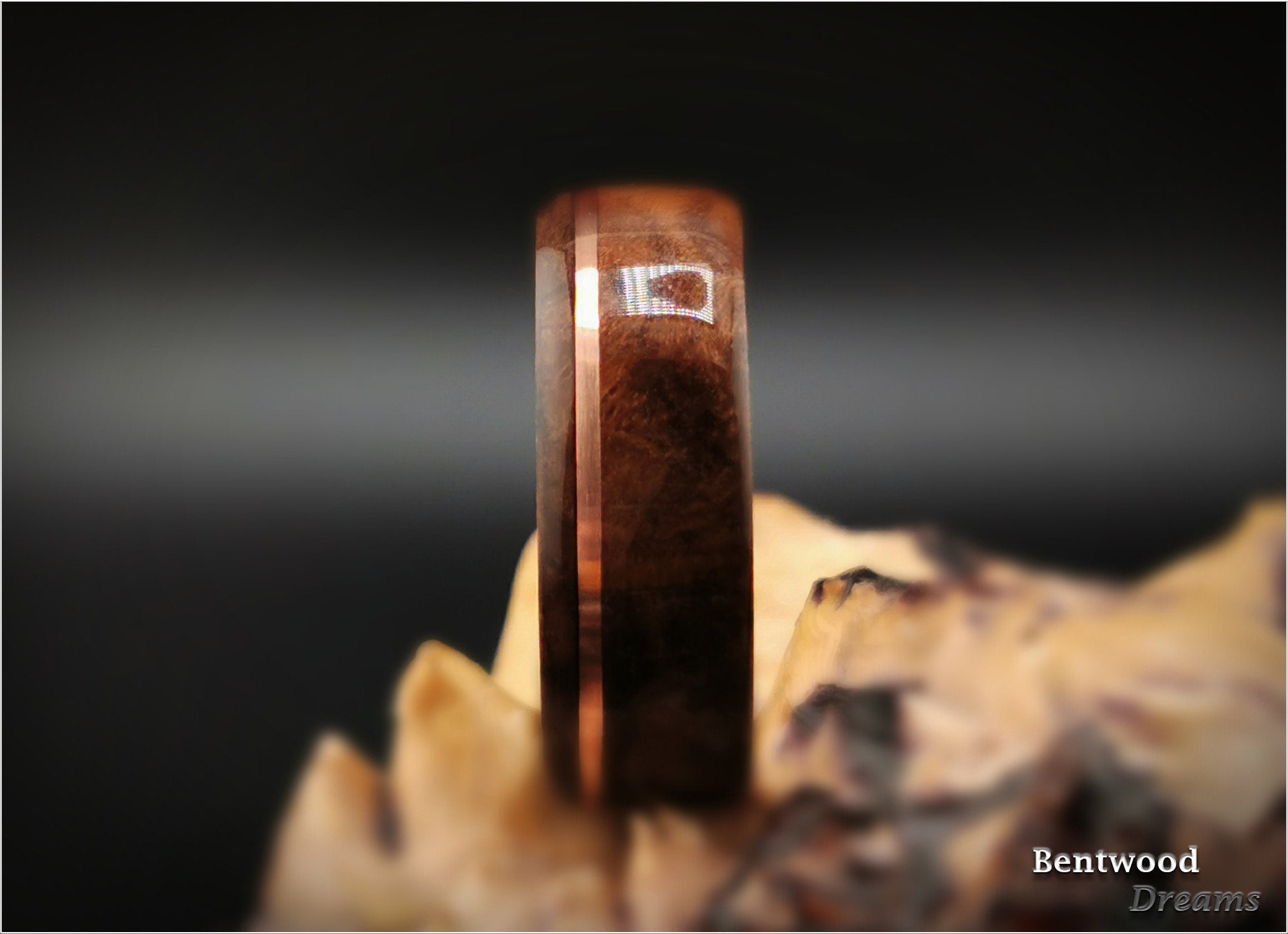 Bentwood Ring: Walnut Burl, offset inlaid Copper Wire, Whisky Barrel Oak core, wood ring