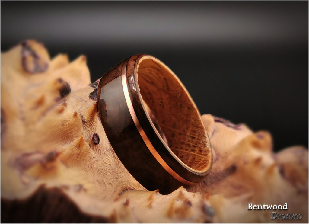 Bentwood Ring: Walnut Burl, offset inlaid Copper Wire, Whisky Barrel Oak core, wood ring