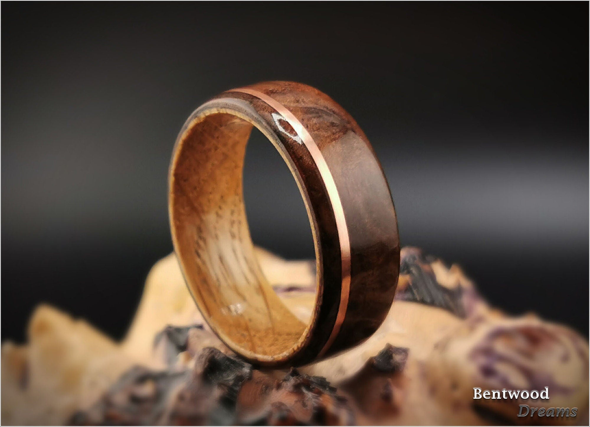 Bentwood Ring: Walnut Burl, offset inlaid Copper Wire, Whisky Barrel Oak core, wood ring