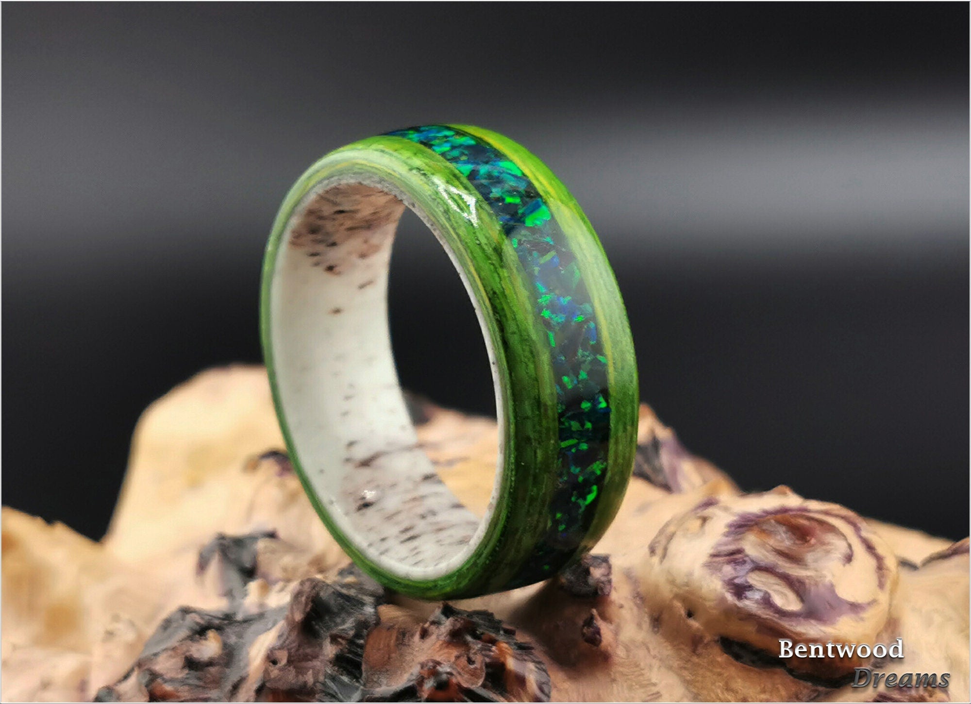 Bentwood Ring: Green Koto, inlaid Lab Cultured Opal, Deer Antler core, wood ring