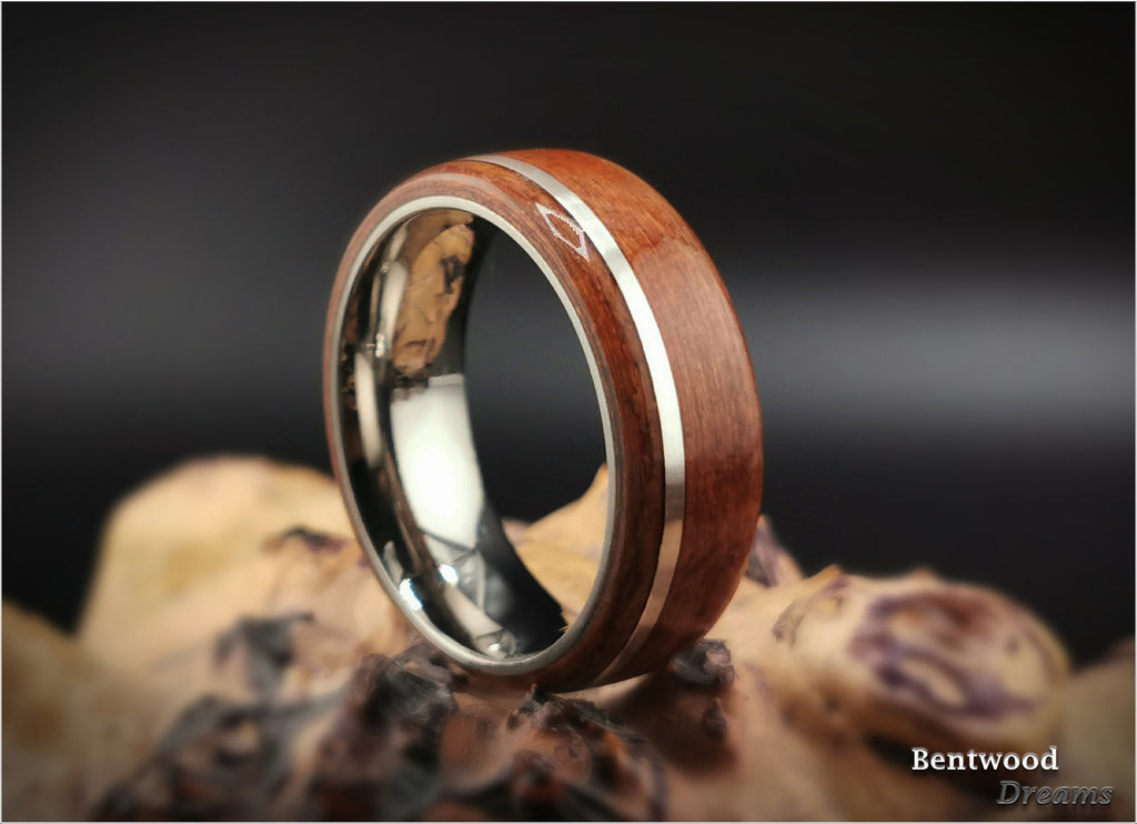 Bentwood Ring: Redwood, offset inlaid Sterling Silver, Polished Titanium core, wood ring