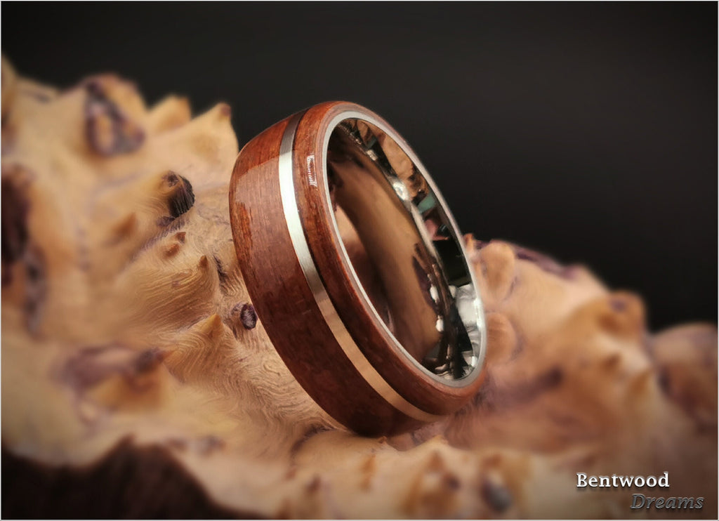 Bentwood Ring: Redwood, offset inlaid Sterling Silver, Polished Titanium core, wood ring