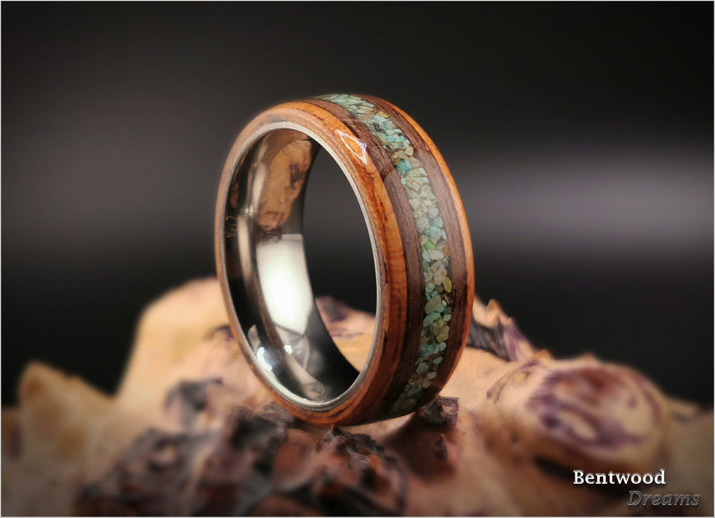 Bentwood Ring: Spanish Cedar, inlaid Curly Walnut and Green Turquoise, Titanium core