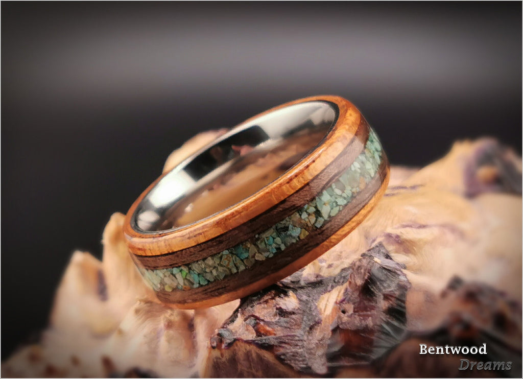 Bentwood Ring: Spanish Cedar, inlaid Curly Walnut and Green Turquoise, Titanium core