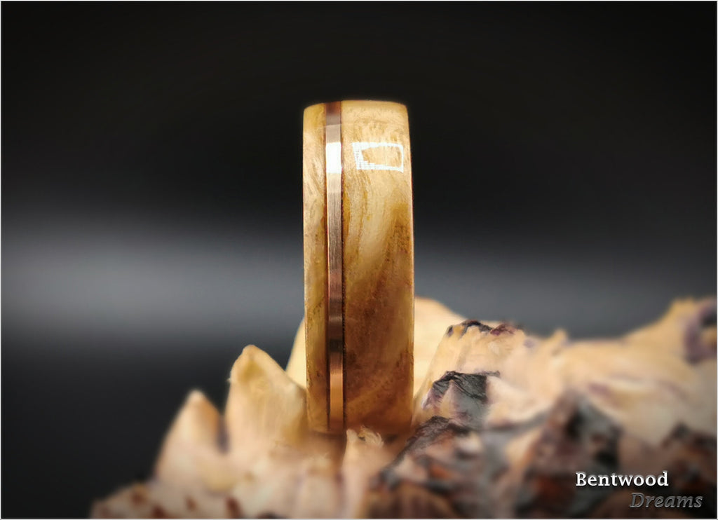 Olive Ash Burl Bentwood Ring: Bronze Inlay, Tungsten Core