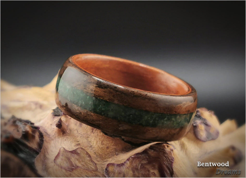 Claro Walnut Burl Bentwood Ring: Buddstone Inlay, Plum Wood Core