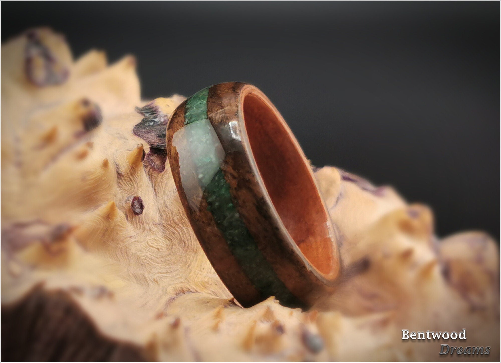 Claro Walnut Burl Bentwood Ring: Buddstone Inlay, Plum Wood Core